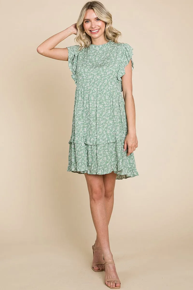 Floral Printed Ruffled Sleeve Pleated Dress