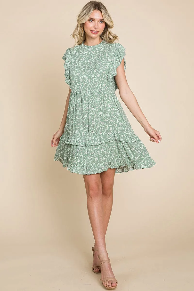 Floral Printed Ruffled Sleeve Pleated Dress