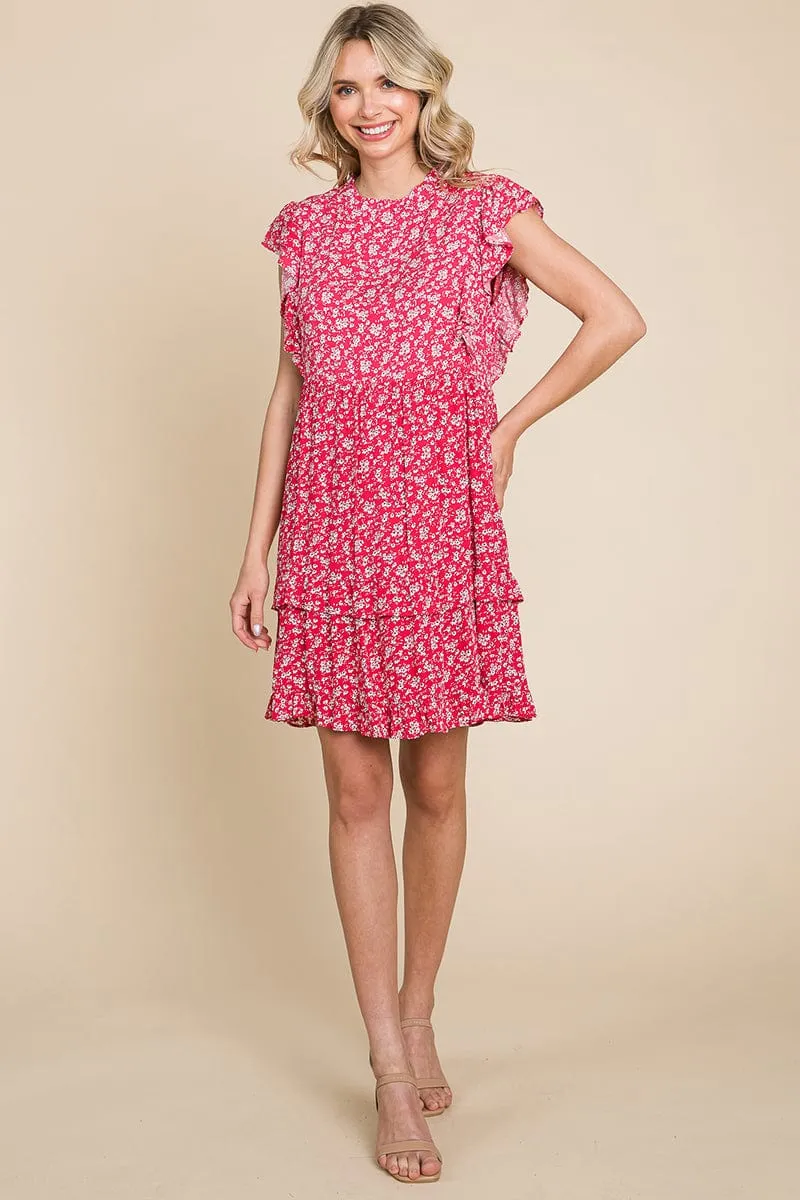 Floral Printed Ruffled Sleeve Pleated Dress