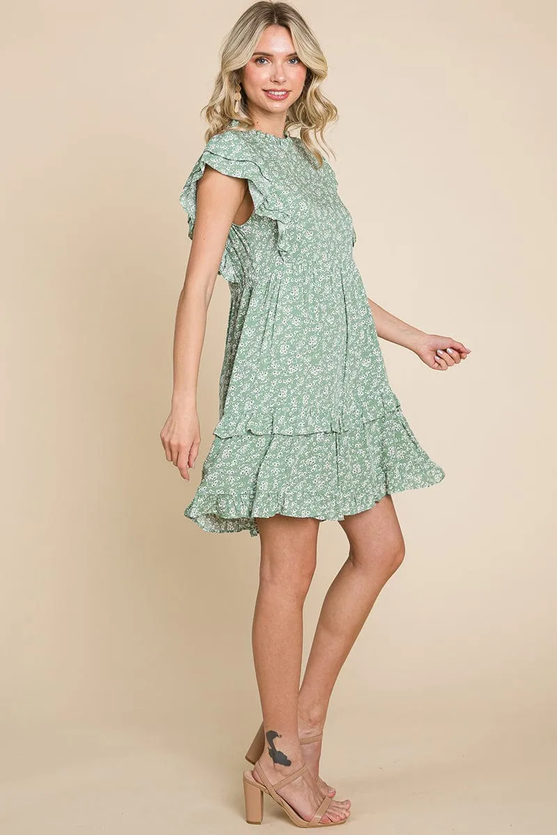 Floral Printed Ruffled Sleeve Pleated Dress