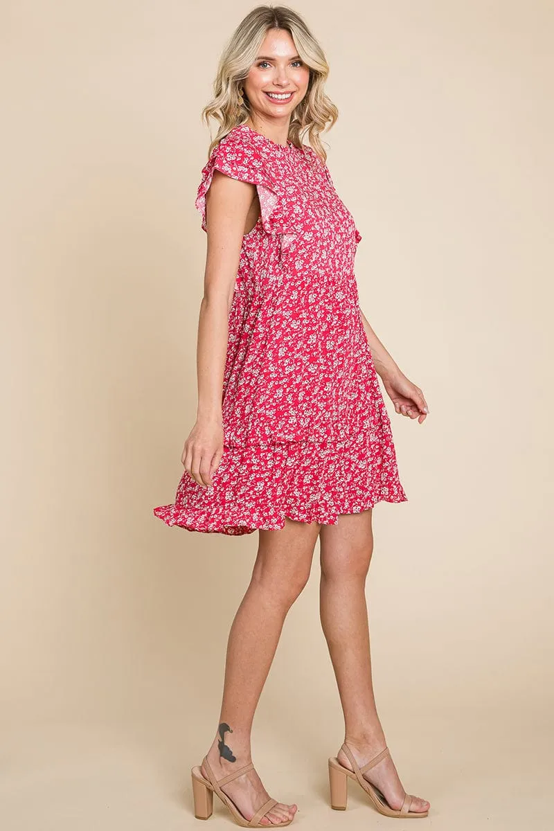 Floral Printed Ruffled Sleeve Pleated Dress