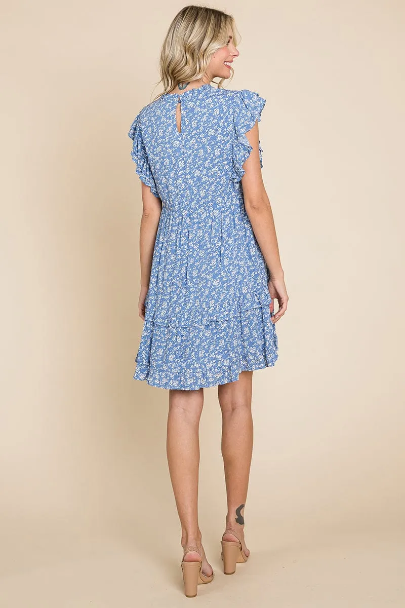 Floral Printed Ruffled Sleeve Pleated Dress