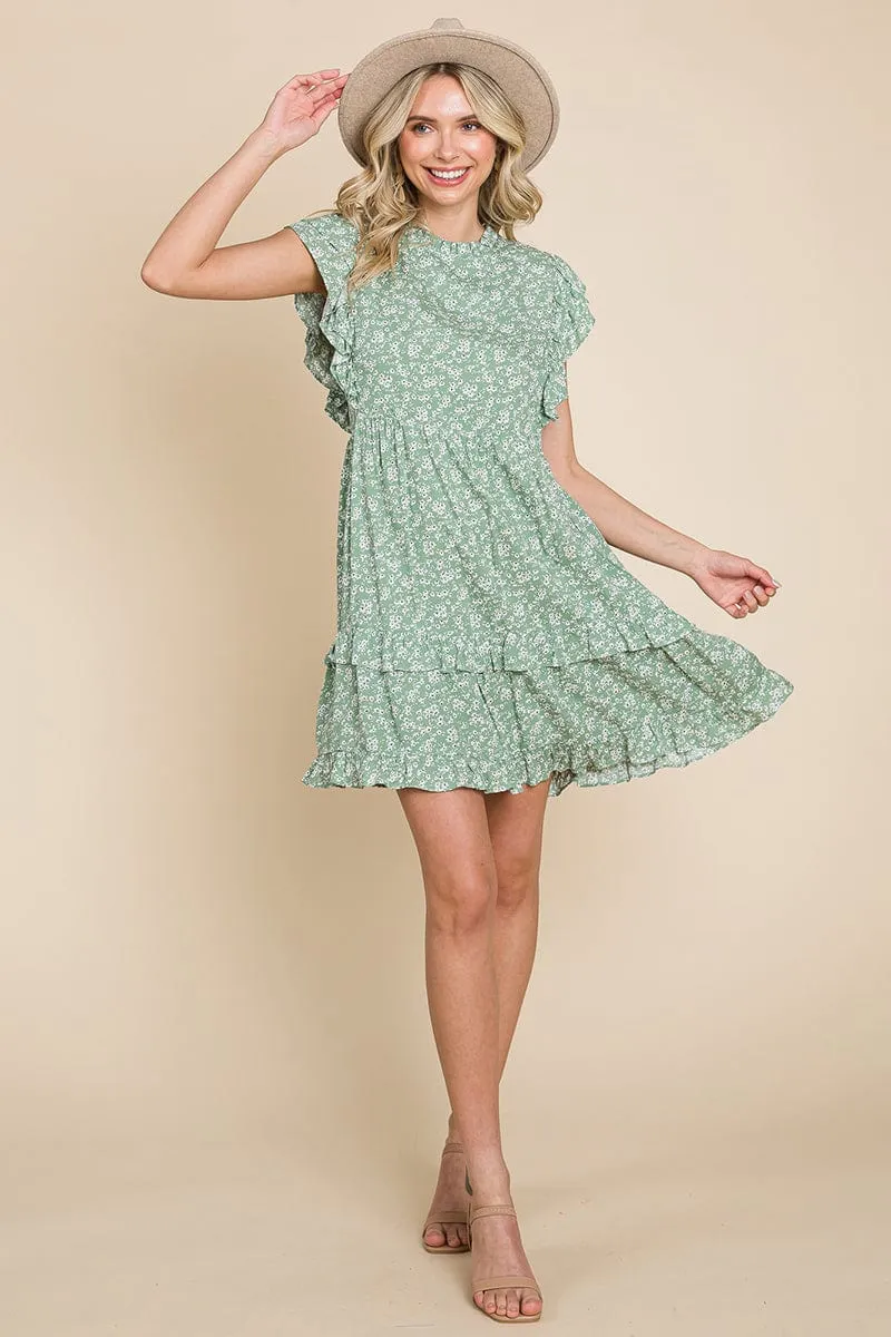 Floral Printed Ruffled Sleeve Pleated Dress