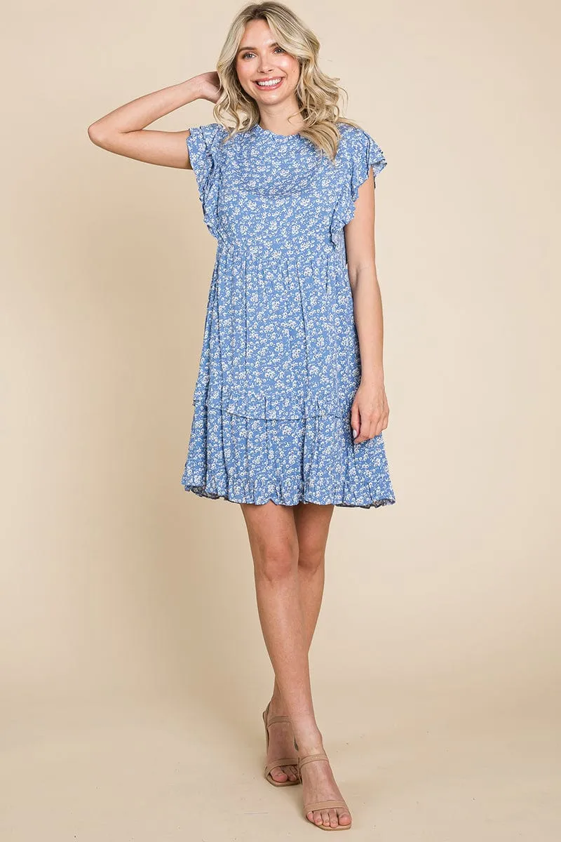 Floral Printed Ruffled Sleeve Pleated Dress