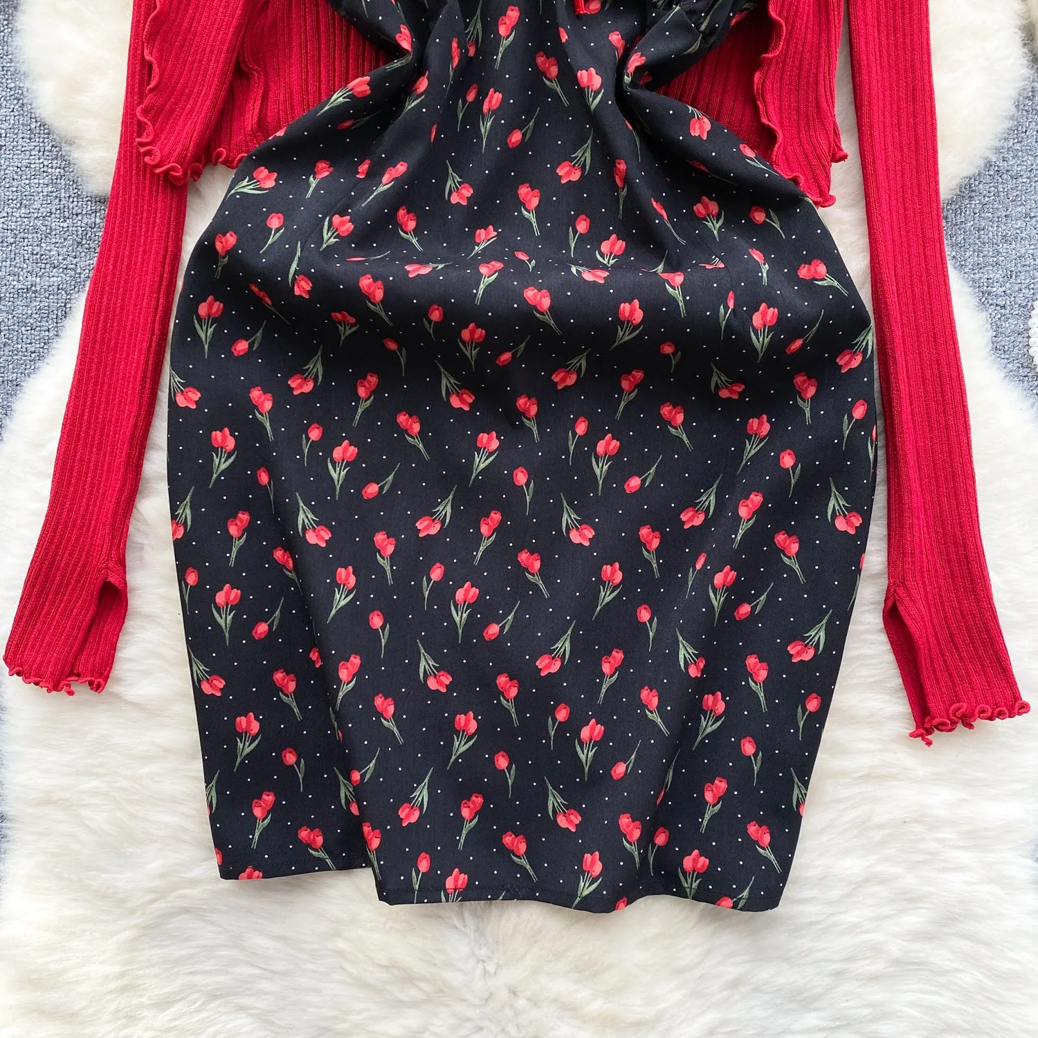 Floral Slip Dress&Red Cardigan 2Pcs