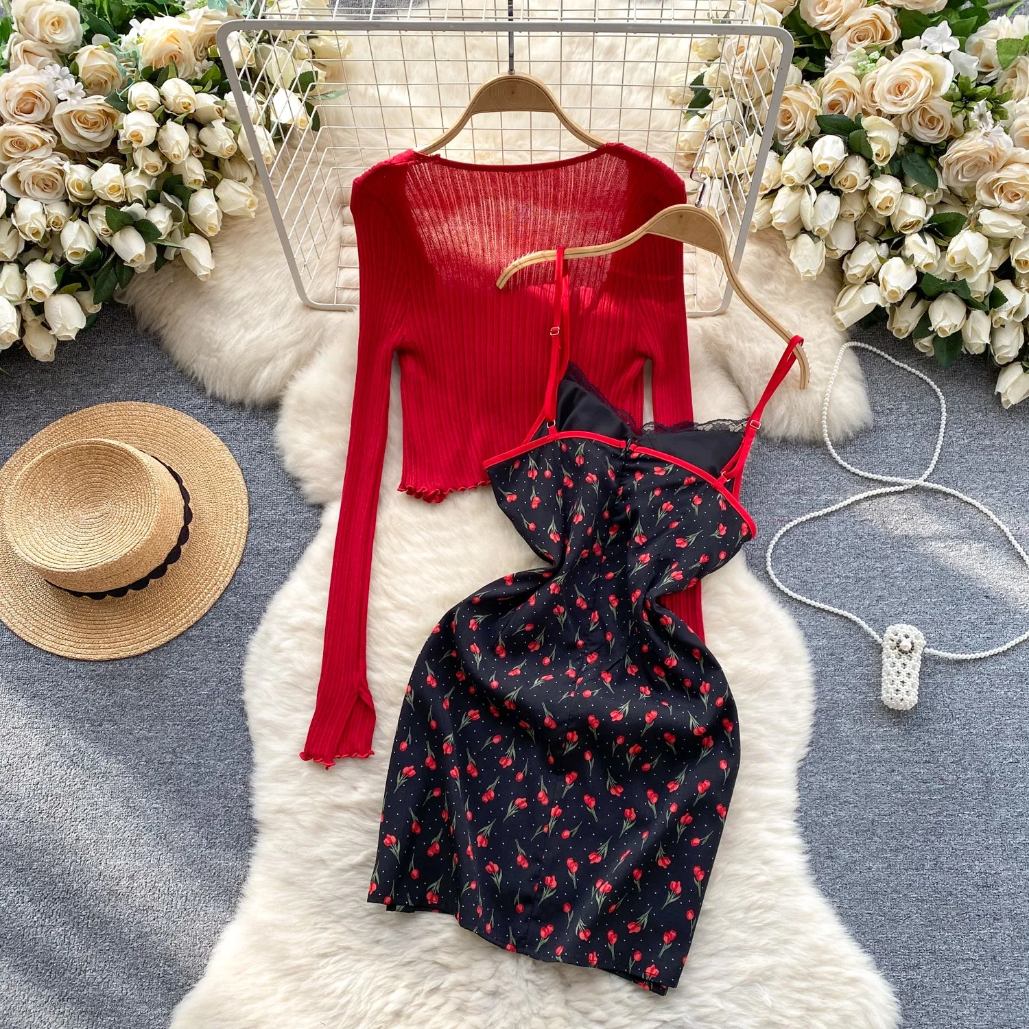 Floral Slip Dress&Red Cardigan 2Pcs