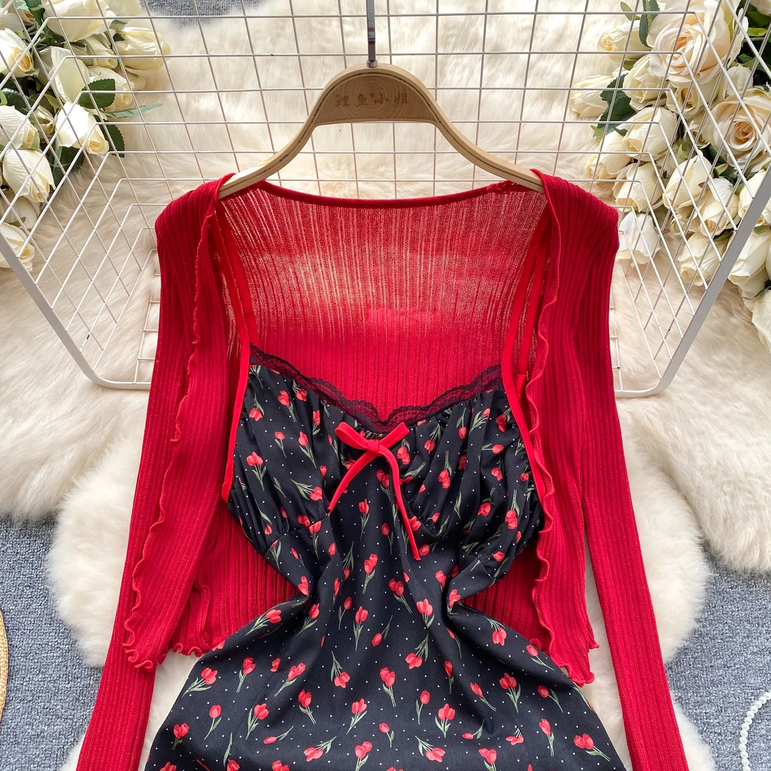 Floral Slip Dress&Red Cardigan 2Pcs