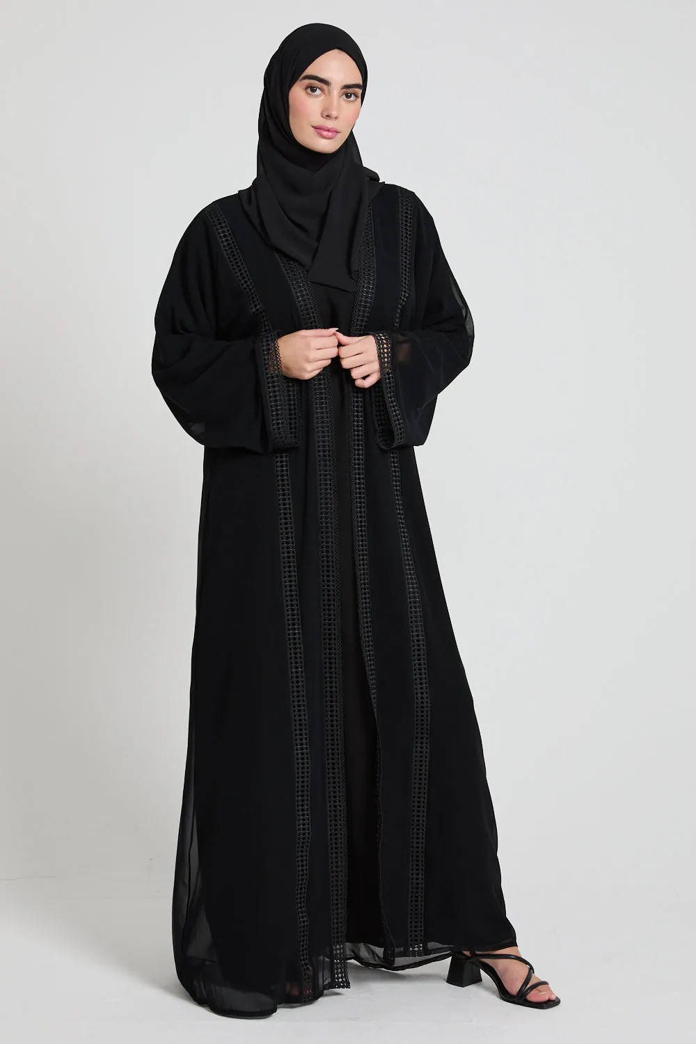 Four Piece Chiffon Open Abaya Set with Lace Detailing - Black