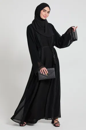 Four Piece Chiffon Open Abaya Set with Lace Detailing - Black