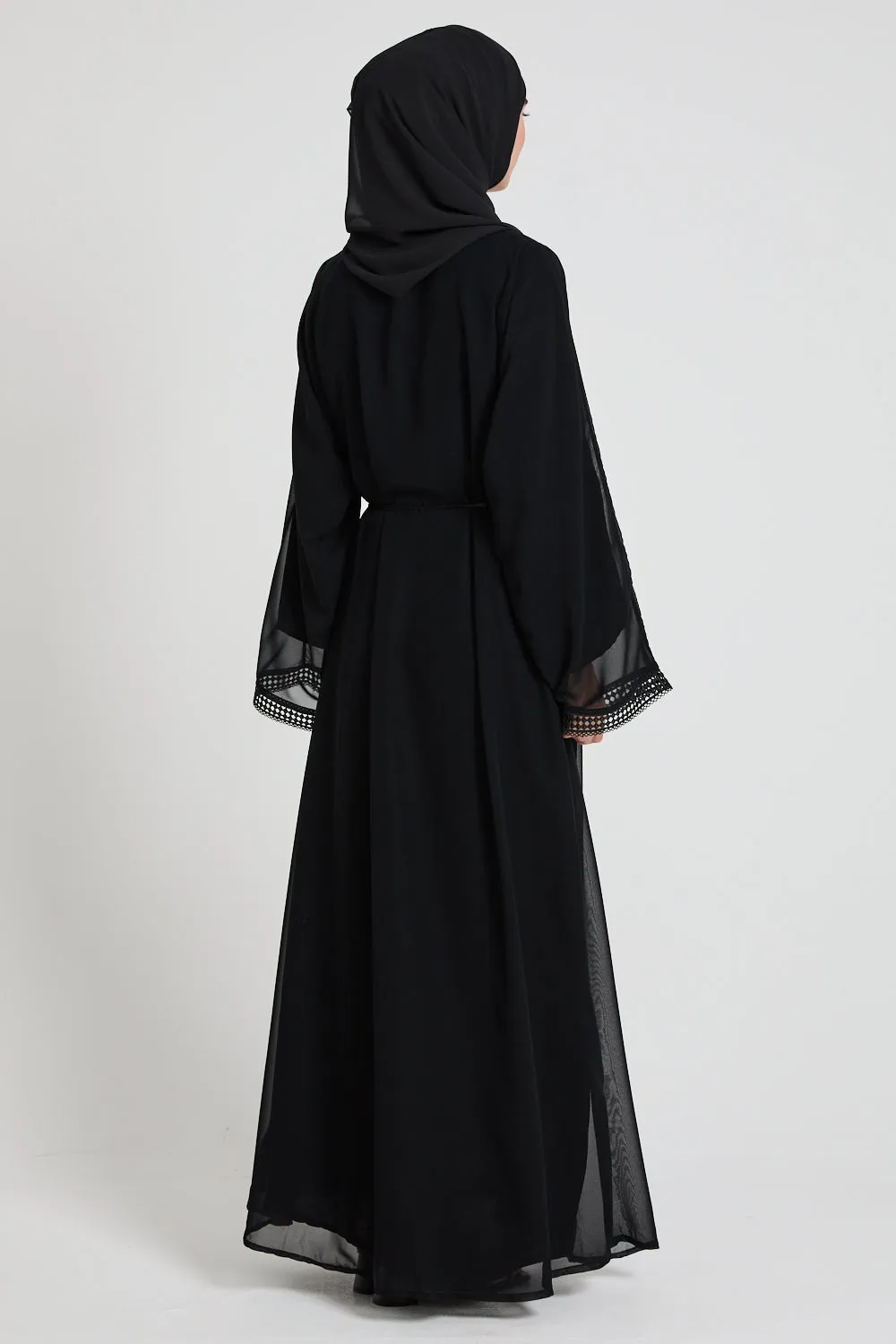 Four Piece Chiffon Open Abaya Set with Lace Detailing - Black