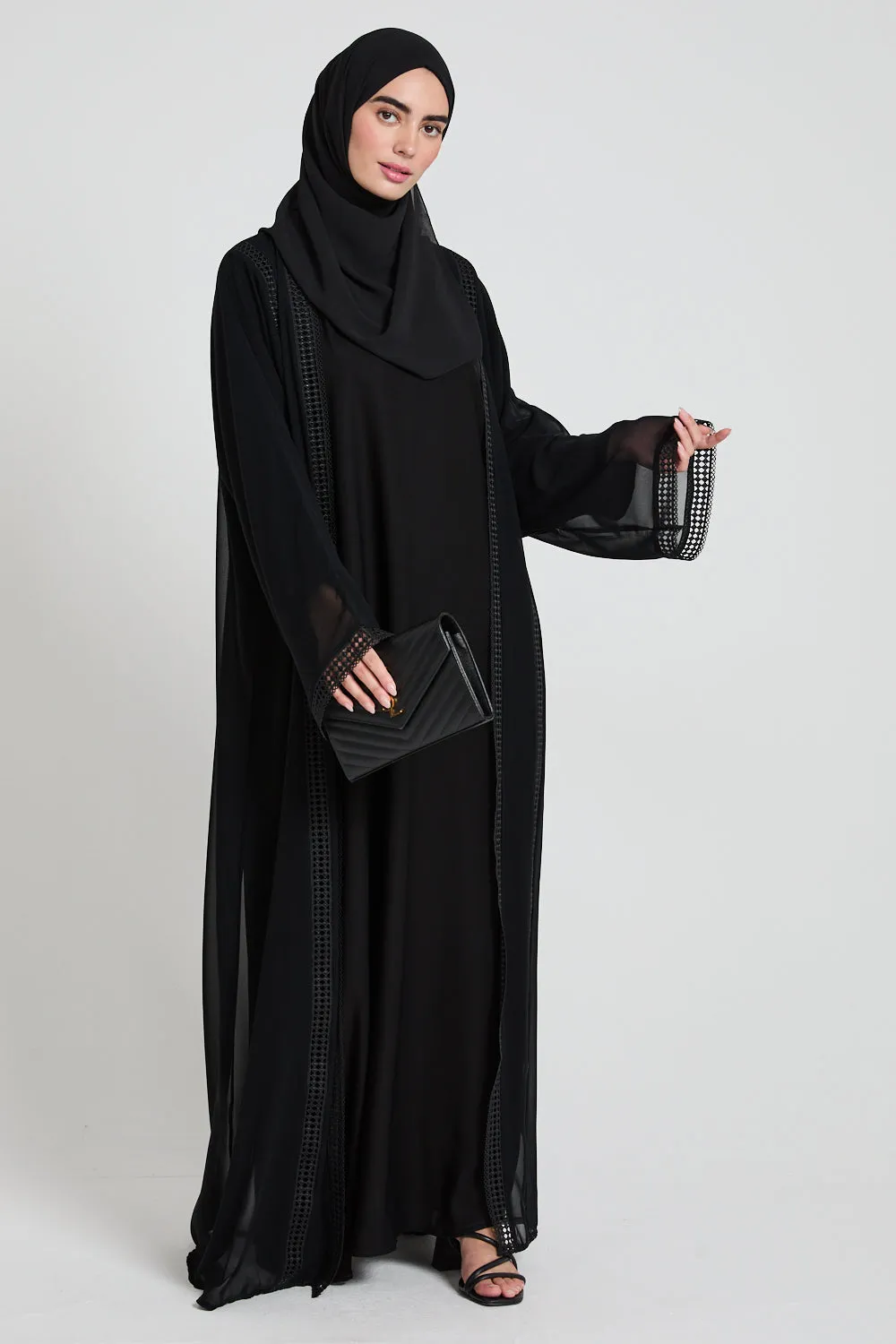 Four Piece Chiffon Open Abaya Set with Lace Detailing - Black