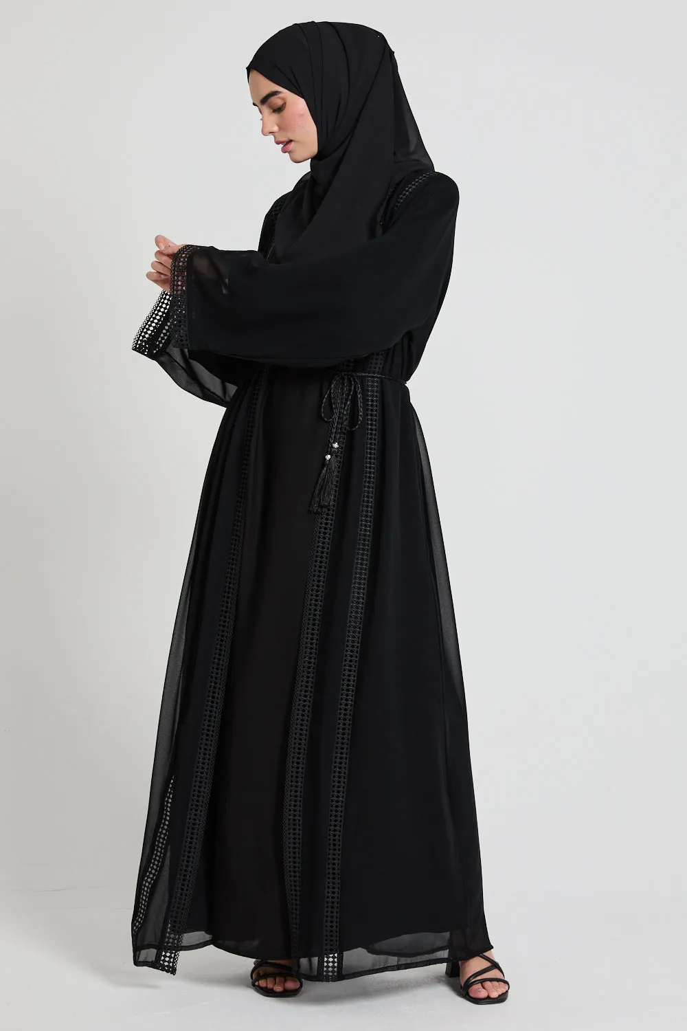 Four Piece Chiffon Open Abaya Set with Lace Detailing - Black