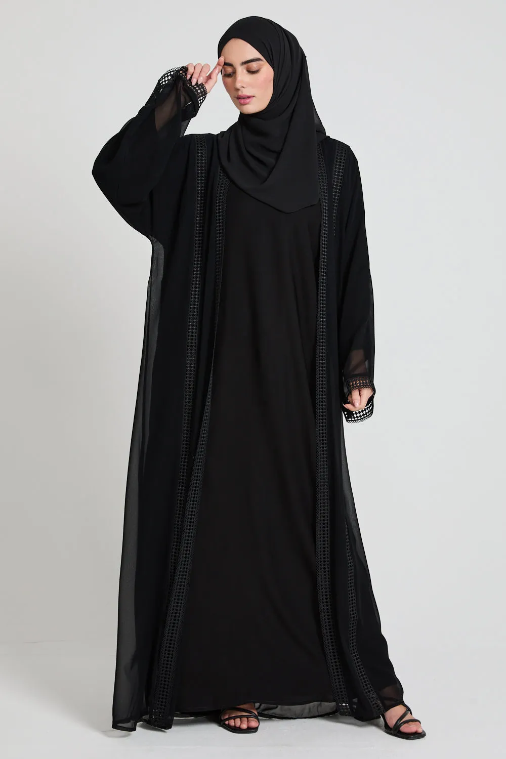 Four Piece Chiffon Open Abaya Set with Lace Detailing - Black