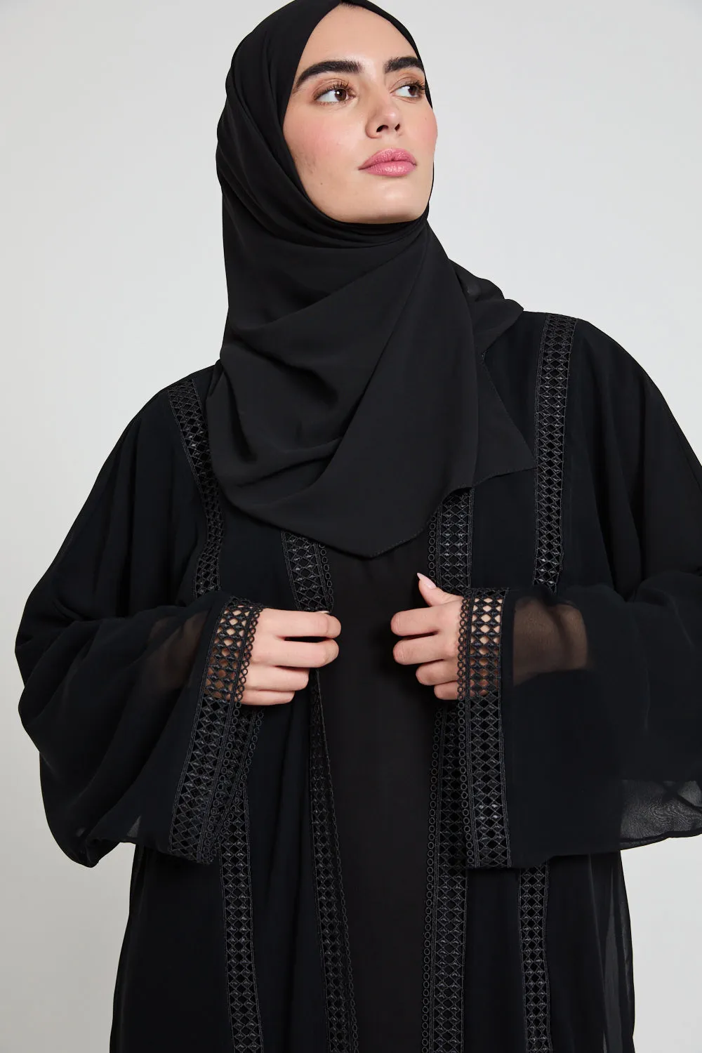 Four Piece Chiffon Open Abaya Set with Lace Detailing - Black