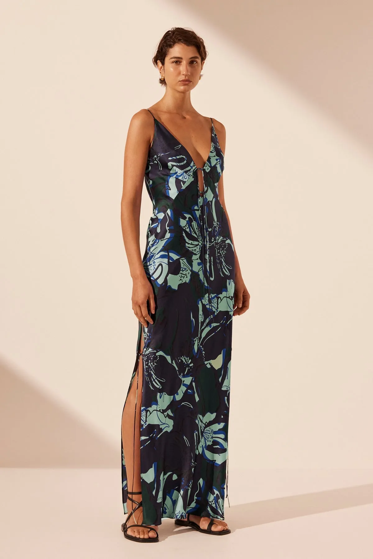 FRANCO SILK PLUNGED SLIP TIE MAXI DRESS