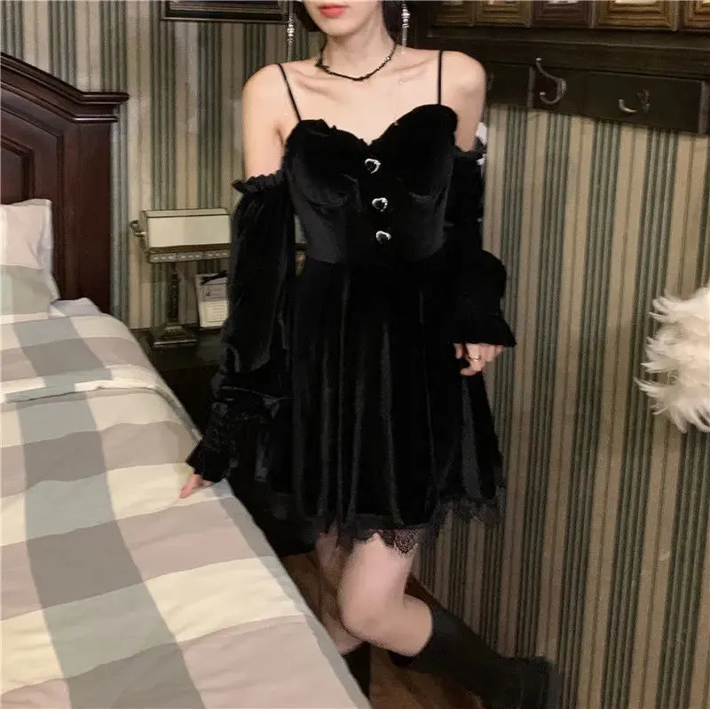 Girlary Gothic Black Velvet Dress Evening Party Long Sleeve Y2k Mini Dress Women Vintage Elegant One Piece Dress Korean Autumn