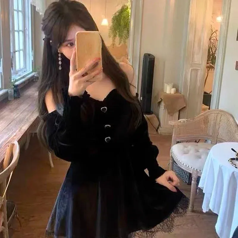 Girlary Gothic Black Velvet Dress Evening Party Long Sleeve Y2k Mini Dress Women Vintage Elegant One Piece Dress Korean Autumn