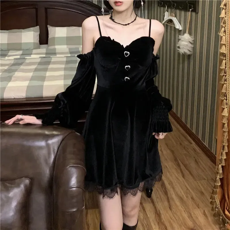 Girlary Gothic Black Velvet Dress Evening Party Long Sleeve Y2k Mini Dress Women Vintage Elegant One Piece Dress Korean Autumn