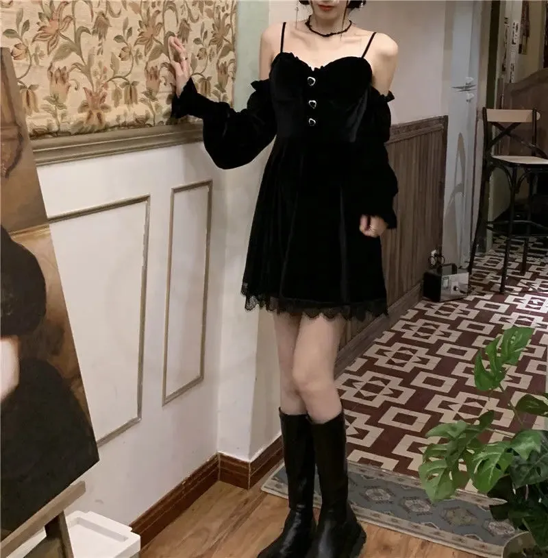 Girlary Gothic Black Velvet Dress Evening Party Long Sleeve Y2k Mini Dress Women Vintage Elegant One Piece Dress Korean Autumn