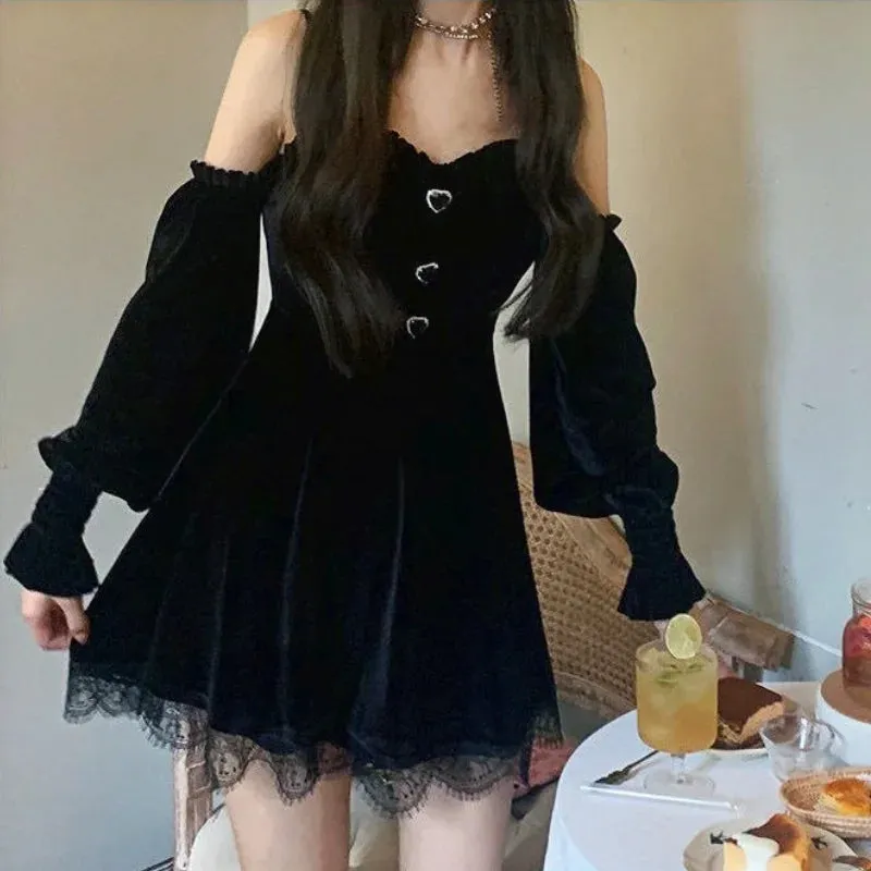 Girlary Gothic Black Velvet Dress Evening Party Long Sleeve Y2k Mini Dress Women Vintage Elegant One Piece Dress Korean Autumn