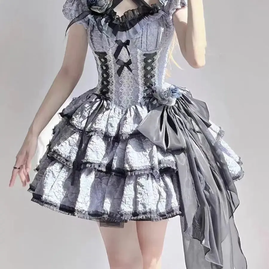 Girlary Gothic Lolita Jsk Dress Women Victorian Retro Elegant Flower Ruffles Lace Bandage Mini Dress Halloween Girl Sweet Dress