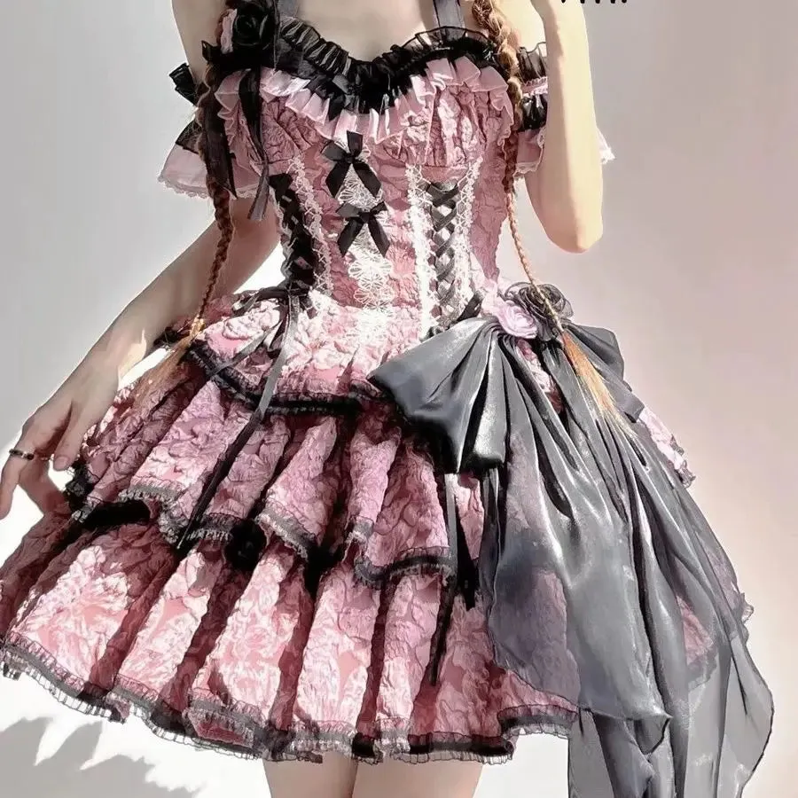 Girlary Gothic Lolita Jsk Dress Women Victorian Retro Elegant Flower Ruffles Lace Bandage Mini Dress Halloween Girl Sweet Dress