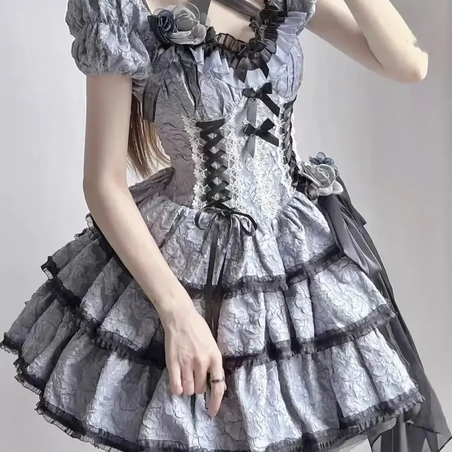 Girlary Gothic Lolita Jsk Dress Women Victorian Retro Elegant Flower Ruffles Lace Bandage Mini Dress Halloween Girl Sweet Dress