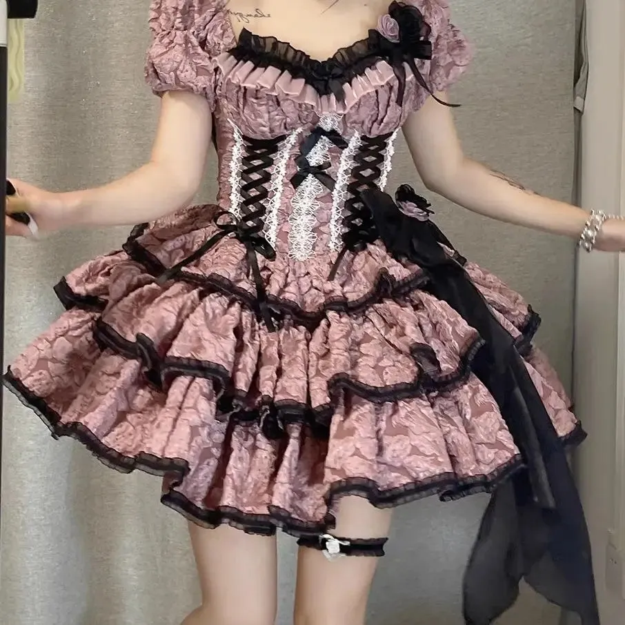 Girlary Gothic Lolita Jsk Dress Women Victorian Retro Elegant Flower Ruffles Lace Bandage Mini Dress Halloween Girl Sweet Dress