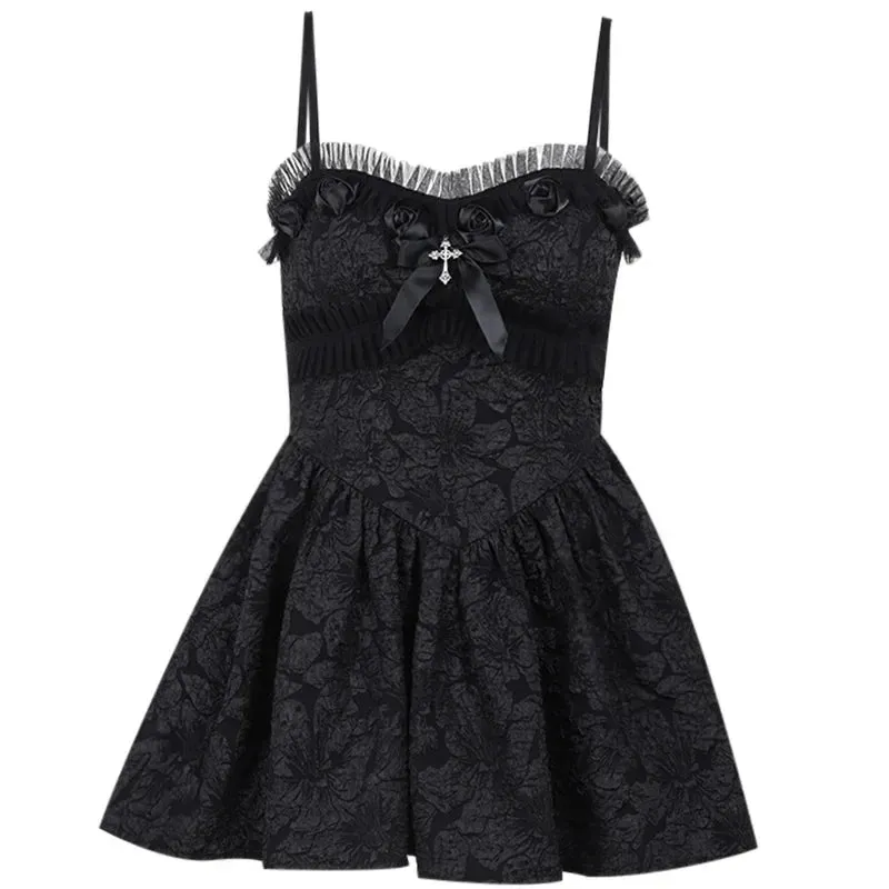 Goth Corset A Line Mini Black Rose Print Lace Patchwork Shirring Backless Slip Gothic Dress