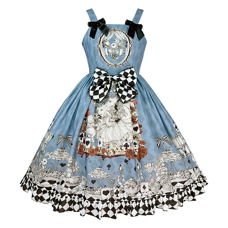 Gothic Charm: Sleeveless Cartoon Print Dress with Bow Detail