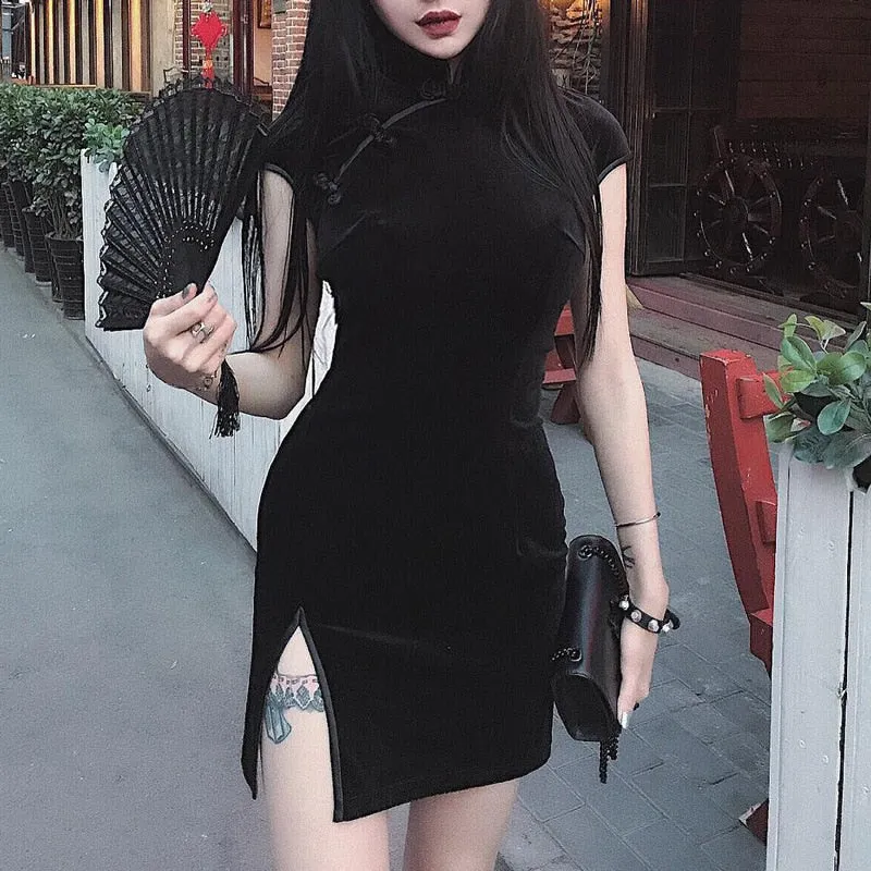 Gothic Chinese Style Skinny Mini Slitted Dress