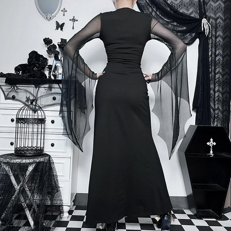 Gothic Dark Elegance Slim Fit High-Slit Long Mesh Nun Dress