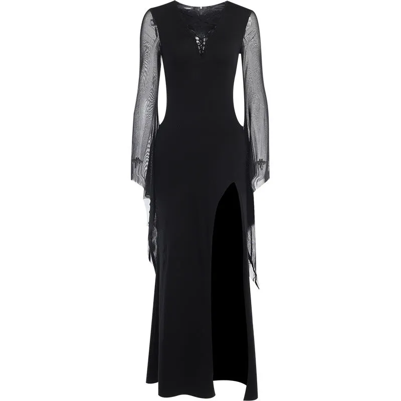 Gothic Dark Elegance Slim Fit High-Slit Long Mesh Nun Dress