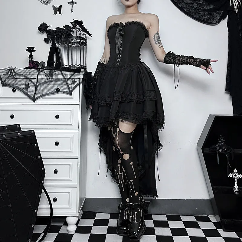 Gothic Dark Style Elegant Sexy Slim Fit Strapless Cascading Waist Cinch Dress