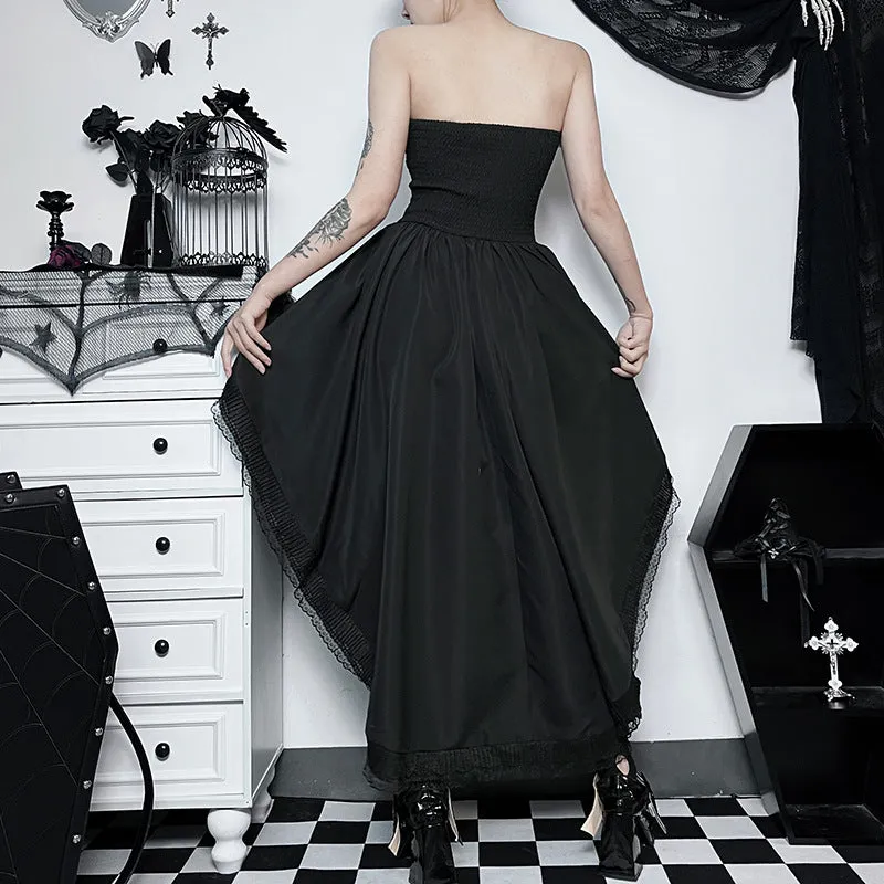 Gothic Dark Style Elegant Sexy Slim Fit Strapless Cascading Waist Cinch Dress