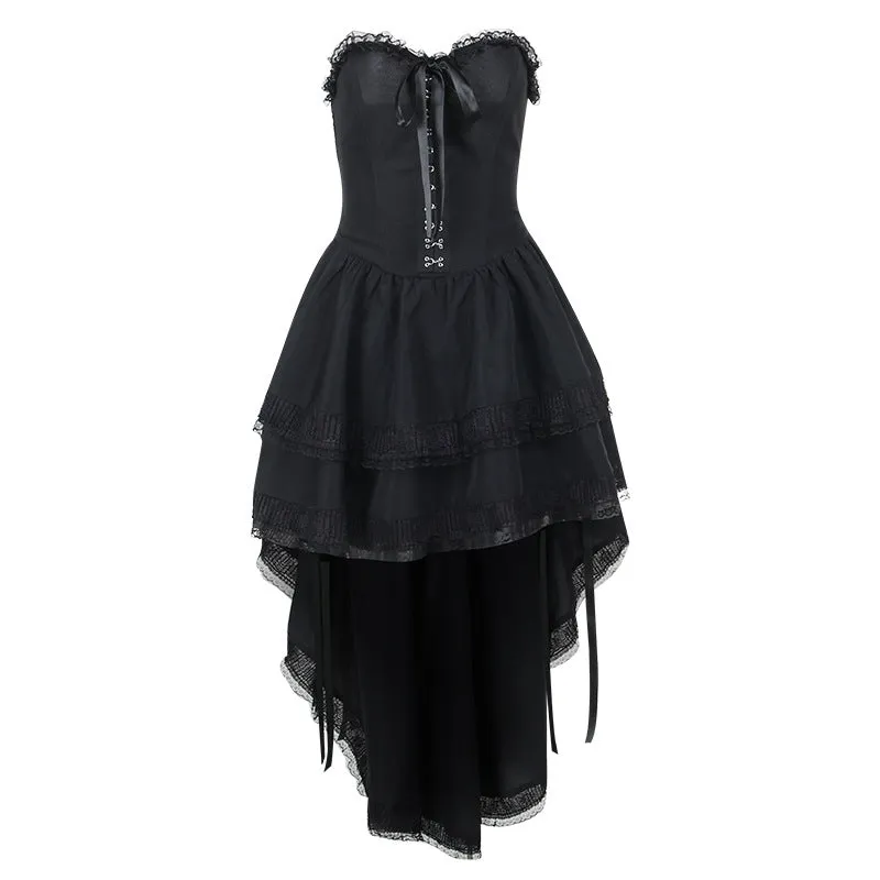 Gothic Dark Style Elegant Sexy Slim Fit Strapless Cascading Waist Cinch Dress