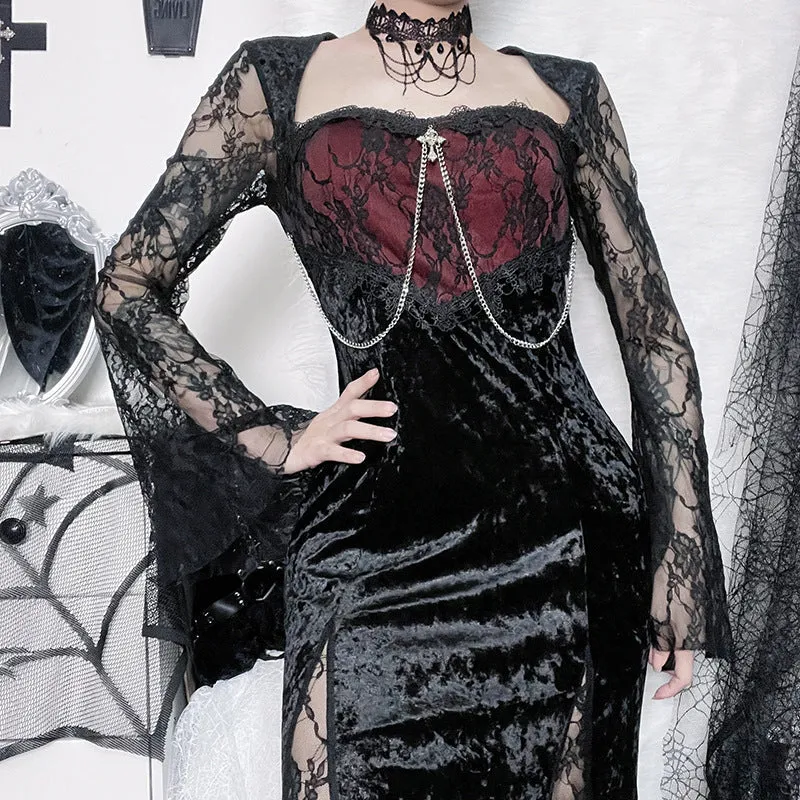 Gothic Dark Style New Sexy Slim Fit Hips-Wrapped High-Slit Lace Sleeve Feature Long Dress