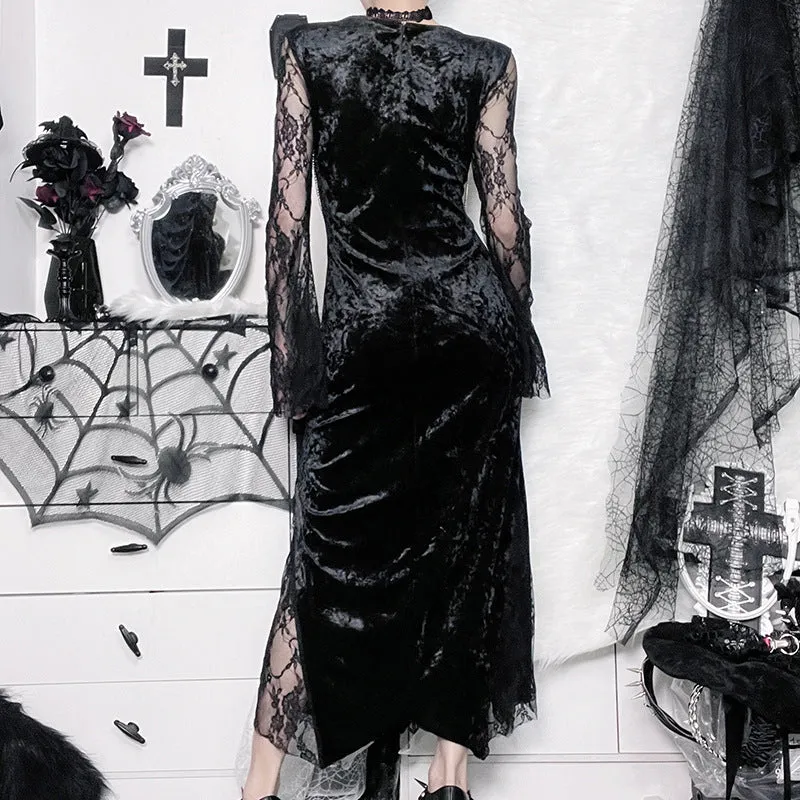 Gothic Dark Style New Sexy Slim Fit Hips-Wrapped High-Slit Lace Sleeve Feature Long Dress