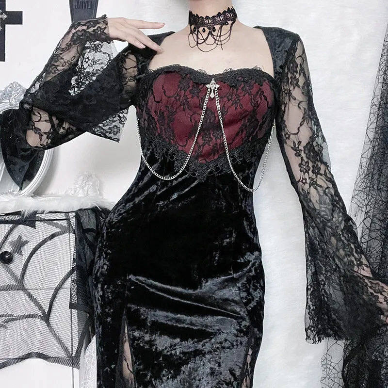 Gothic Dark Style New Sexy Slim Fit Hips-Wrapped High-Slit Lace Sleeve Feature Long Dress