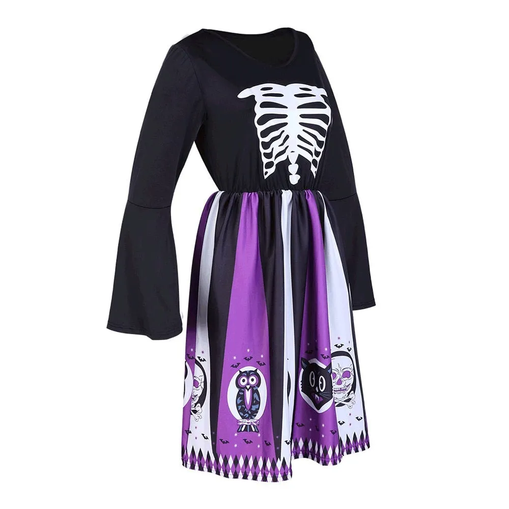 Gothic Halloween Chic Purple Flare Sleeve Skull Print Dress