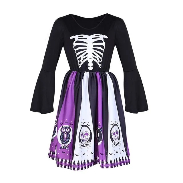 Gothic Halloween Chic Purple Flare Sleeve Skull Print Dress