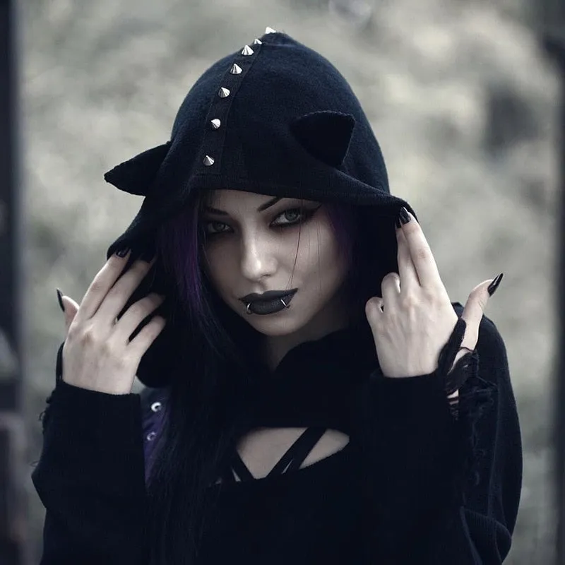 Gothic Rivet Hollow Out Hooded Demon Long Sleeve