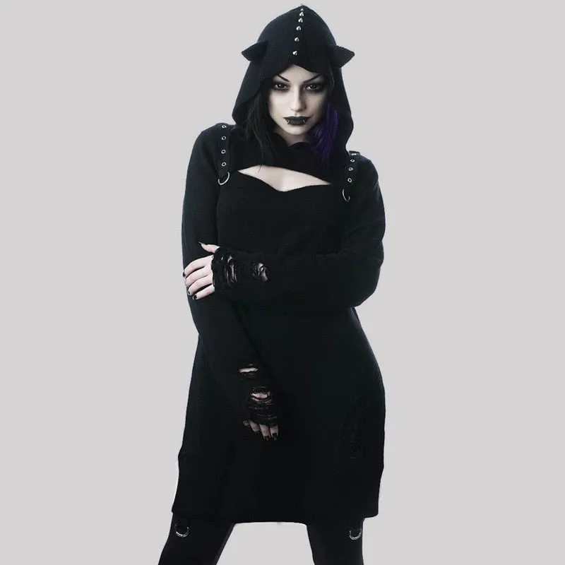 Gothic Rivet Hollow Out Hooded Demon Long Sleeve