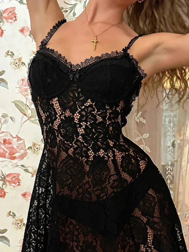 Gothic See Bodycon Through V Strap Spaghetti Slip Sexy Lace Neck Sleeveless Outfit