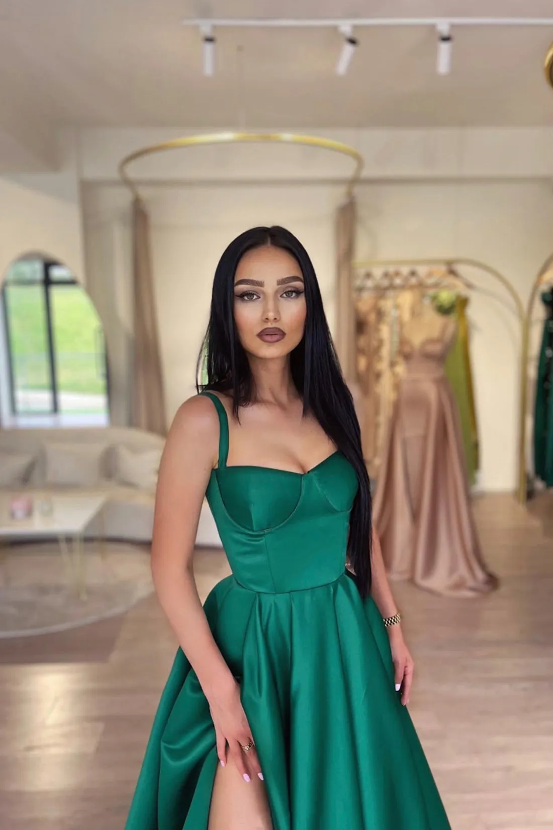 Green Satin Long Prom Dress with Slit, Simple A-Line Evening Party Dress