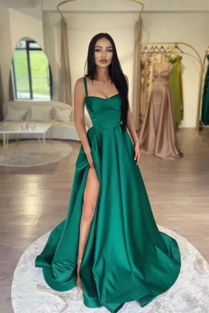 Green Satin Long Prom Dress with Slit, Simple A-Line Evening Party Dress