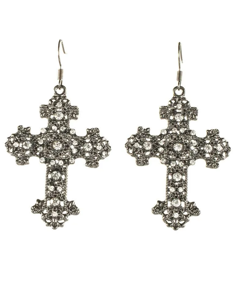 Gun Metal Black Gothic Cross Halloween Earrings