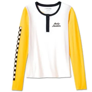 Harley-Davidson Women's Rose Racer Mesh Henley Long Sleeve Shirt, White/Yellow 96497-24VW