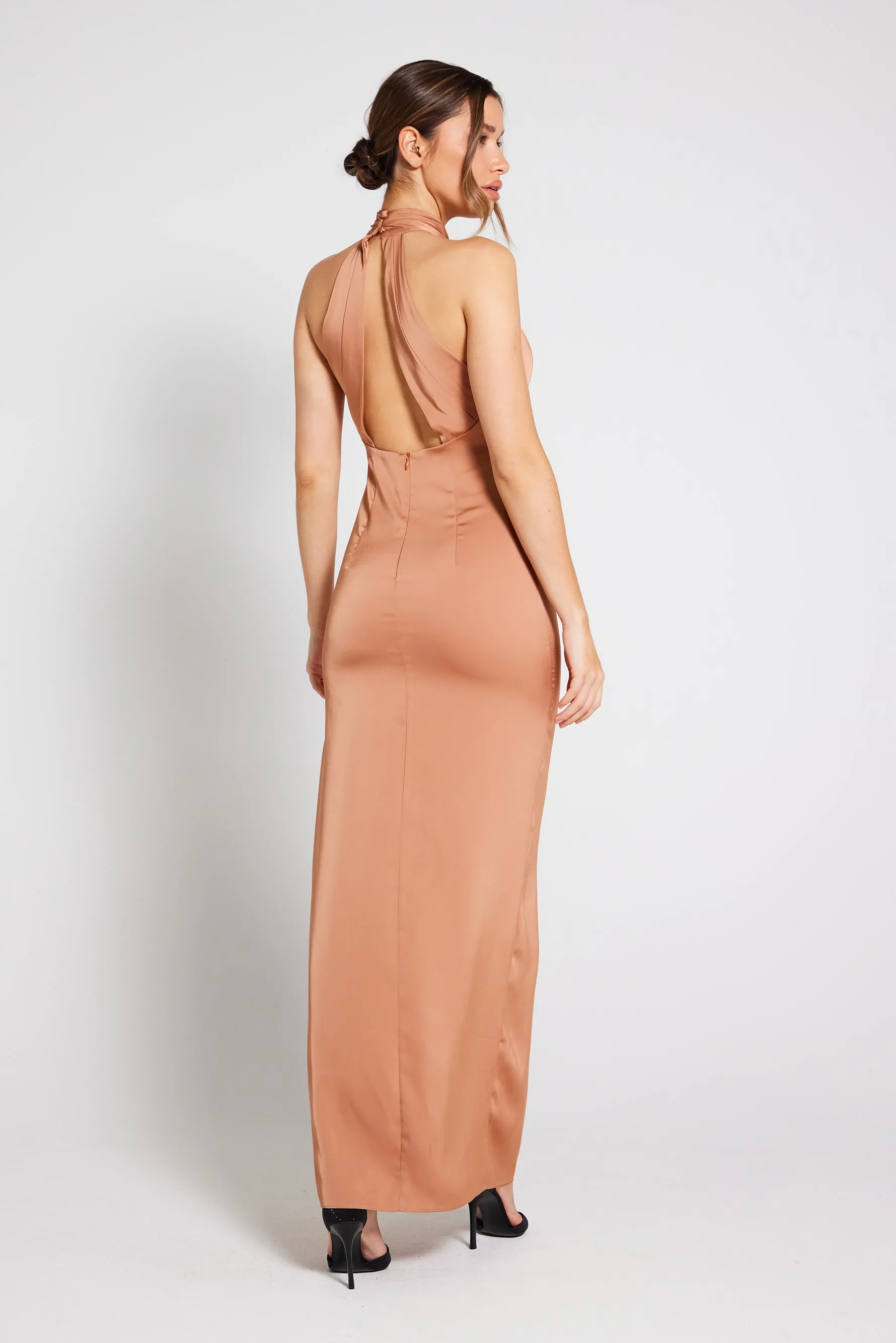 Harley Halter Neck Satin Maxi Dress - Almond