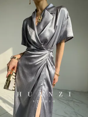 HUANZI custom designer high-end glossy silky elegant dress -Diana Pearl Gray